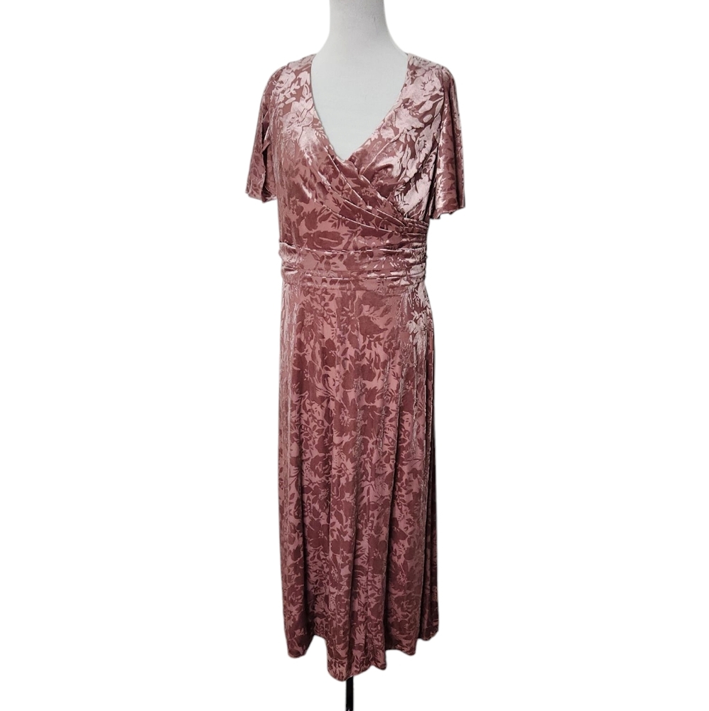 Vintage 1970s Crushed Blush Mauve Velvet Split Sleeve Dress Tie Back‎  Size 14